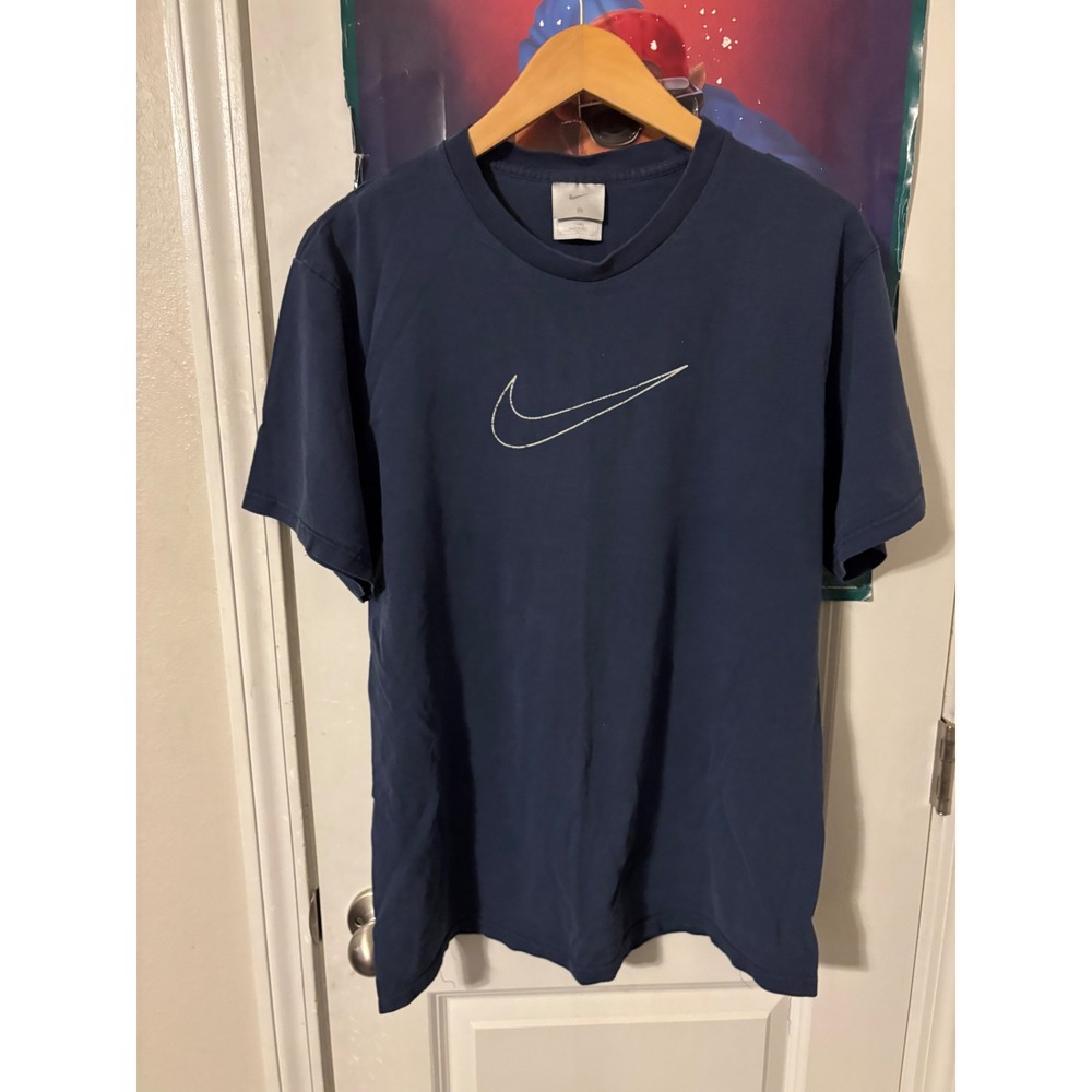 Vintage Nike Swoosh T-Shirt Mens Medium Navy Blue Distressed 90s Y2K Tee